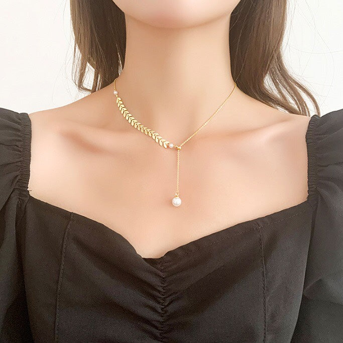 Ouabahas™ - Collier Élégant avec Perle et Feuille de Blé