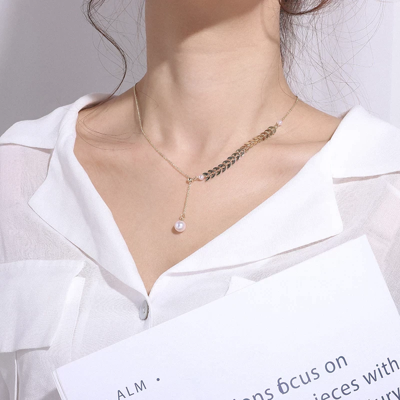 Ouabahas™ - Collier Élégant avec Perle et Feuille de Blé